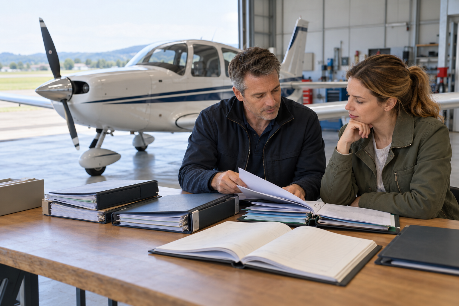 Immagine illustrativa generata con IA: documenti di manutenzione esaminati davanti a un piccolo aereo in hangar
